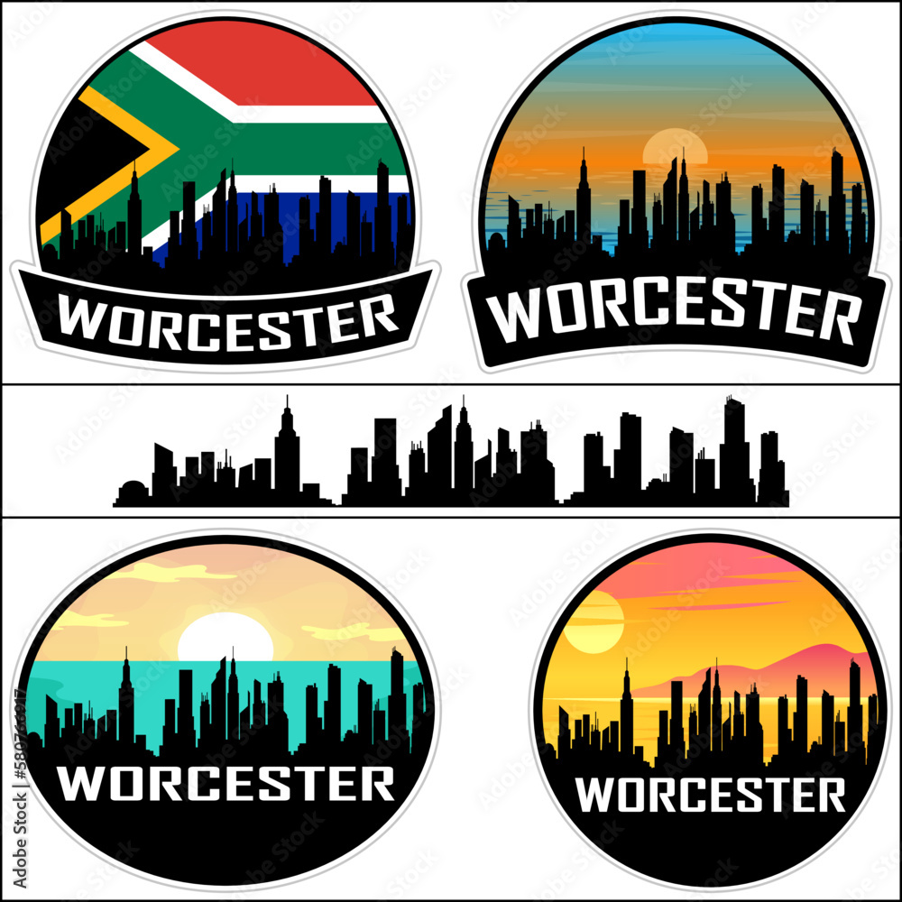 Worcester Skyline Silhouette South Africa Flag Travel Souvenir Sticker Sunset Background Vector Illustration SVG EPS AI