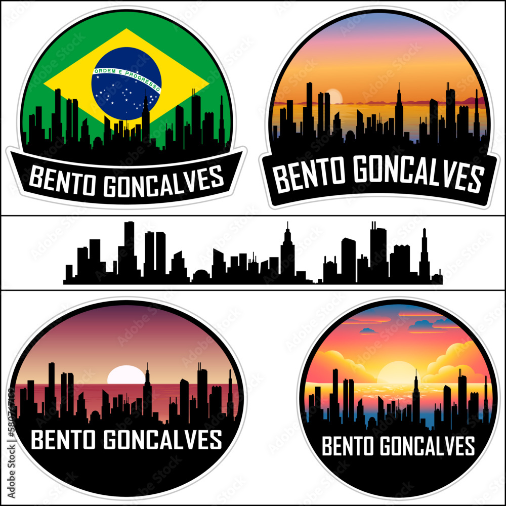 Bento Goncalves Skyline Silhouette Brazil Flag Travel Souvenir Sticker Sunset Background Vector Illustration SVG EPS AI