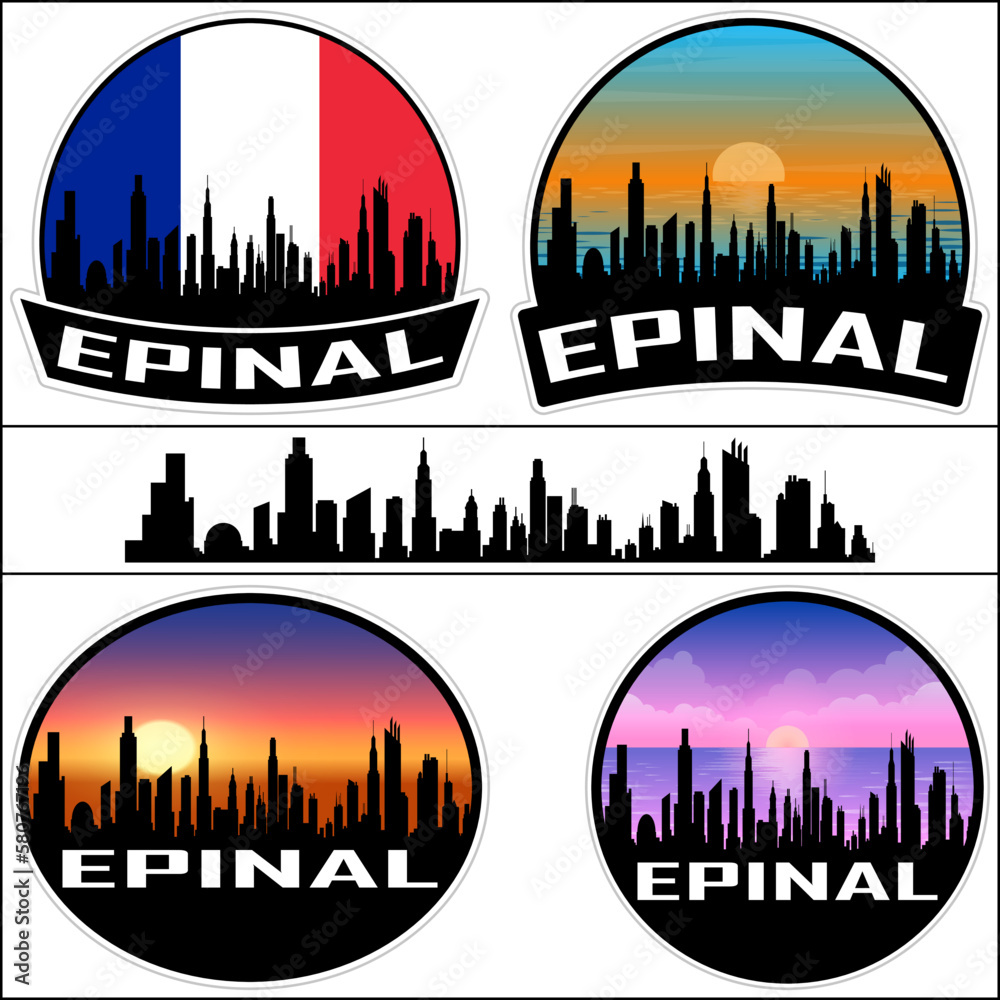 Epinal Skyline Silhouette France Flag Travel Souvenir Sticker Sunset Background Vector Illustration SVG EPS AI