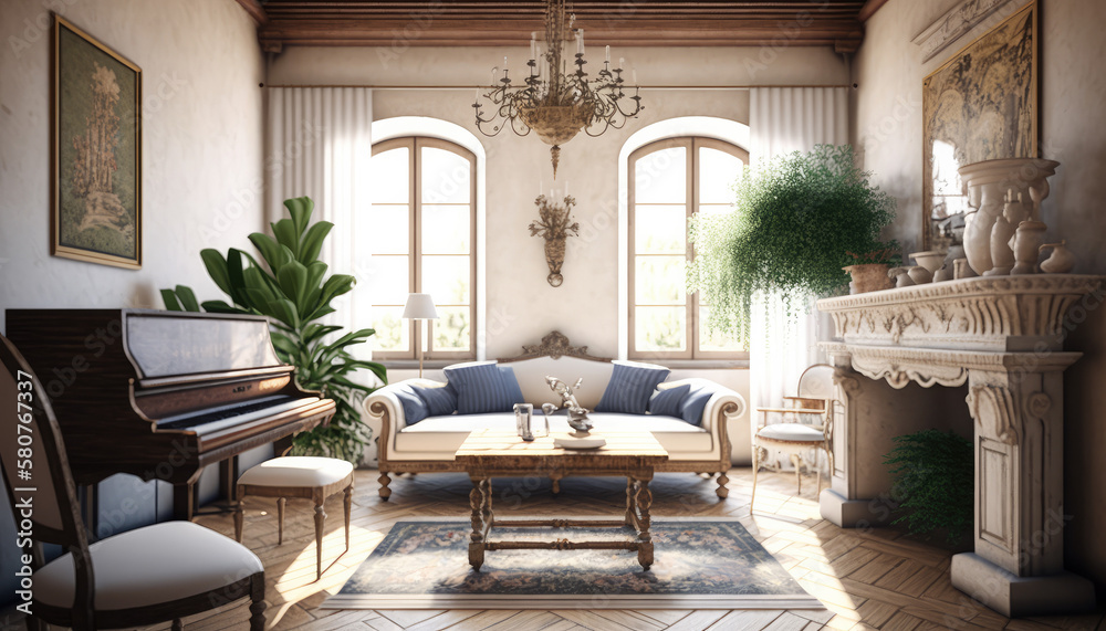 Mediterranean style living room interior design illustration created using generative AI.