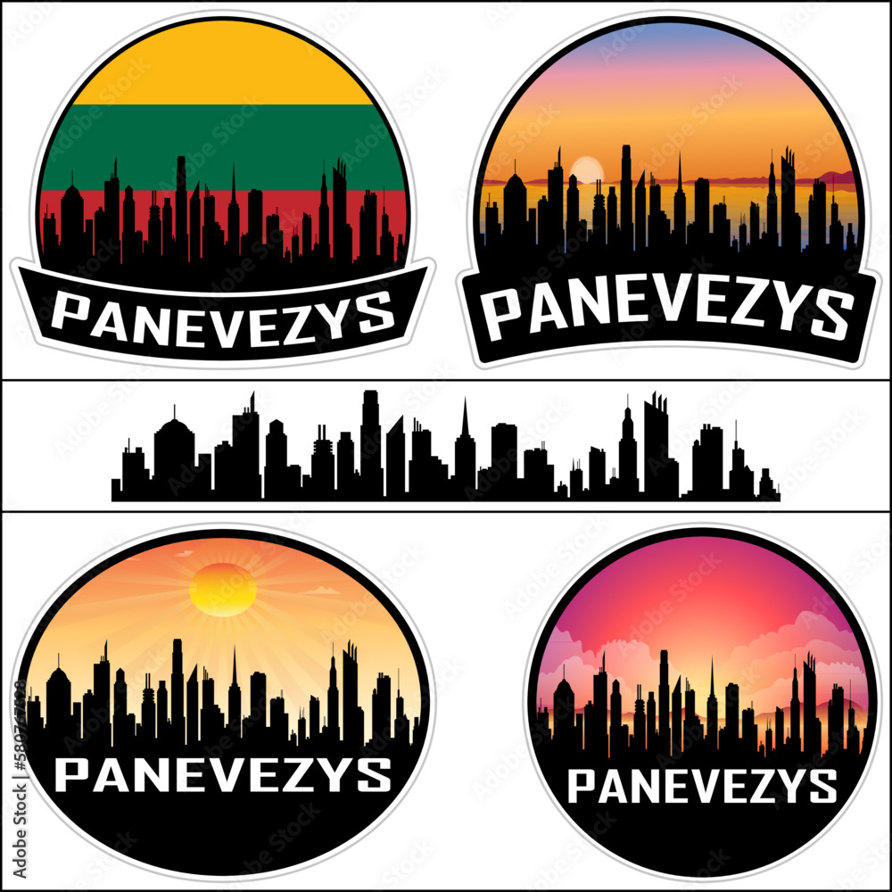 Panevezys Skyline Silhouette Lithuania Flag Travel Souvenir Sticker Sunset Background Vector Illustration SVG EPS AI