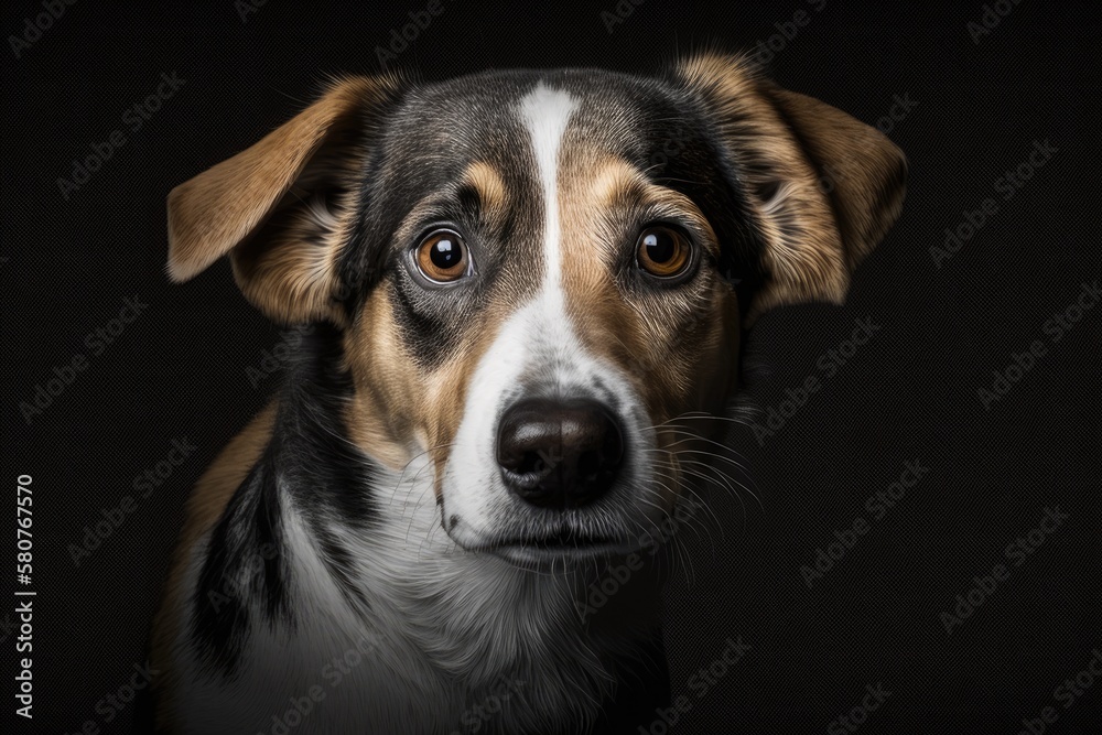 Portrait of a beautiful dog with a black background in the Studio shot. Funny pet select focus. Pet Lover concept . Pets indoors. Pet care and animals idea. view from the front. Generative AI Portrait of a beautiful dog with a black background in the Studio shot. Funny pet select focus. Pet Lover concept . Pets indoors. Pet care and animals idea. view from the front. Generative AI