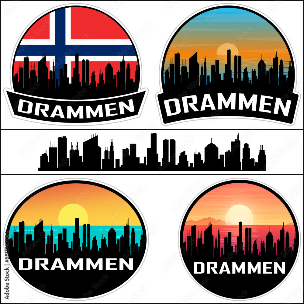 Drammen Skyline Silhouette Norway Flag Travel Souvenir Sticker Sunset Background Vector Illustration SVG EPS AI