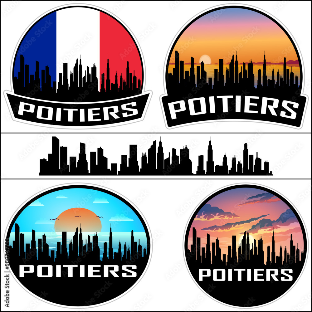 Poitiers Skyline Silhouette France Flag Travel Souvenir Sticker Sunset Background Vector Illustration SVG EPS AI