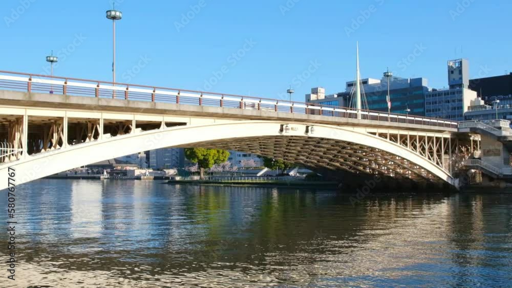 日本、大阪、川、橋、﻿春の風景