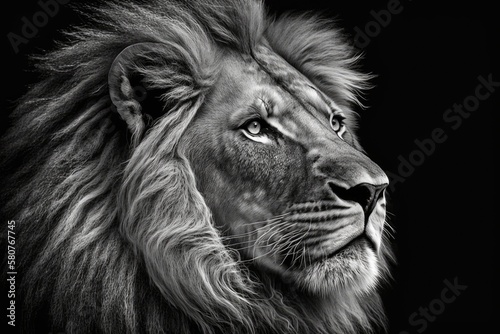 Lion, a head shot of an adult lion in black and white. Generative AI © AkuAku