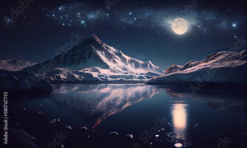 Beautiful snow-capped mountains against the Fantastic starry sky. landscape and snow-capped peaks and the Beautiful starry night. Generative Ai.