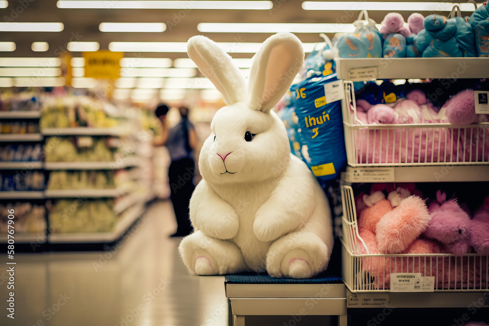 a fluffy white bunny with long ears and a pink nose, as he hops down the aisles of a brightly lit supermarket to buy Easter eggs. Perfect for Easter-related marketing campaigns. Generated AI.