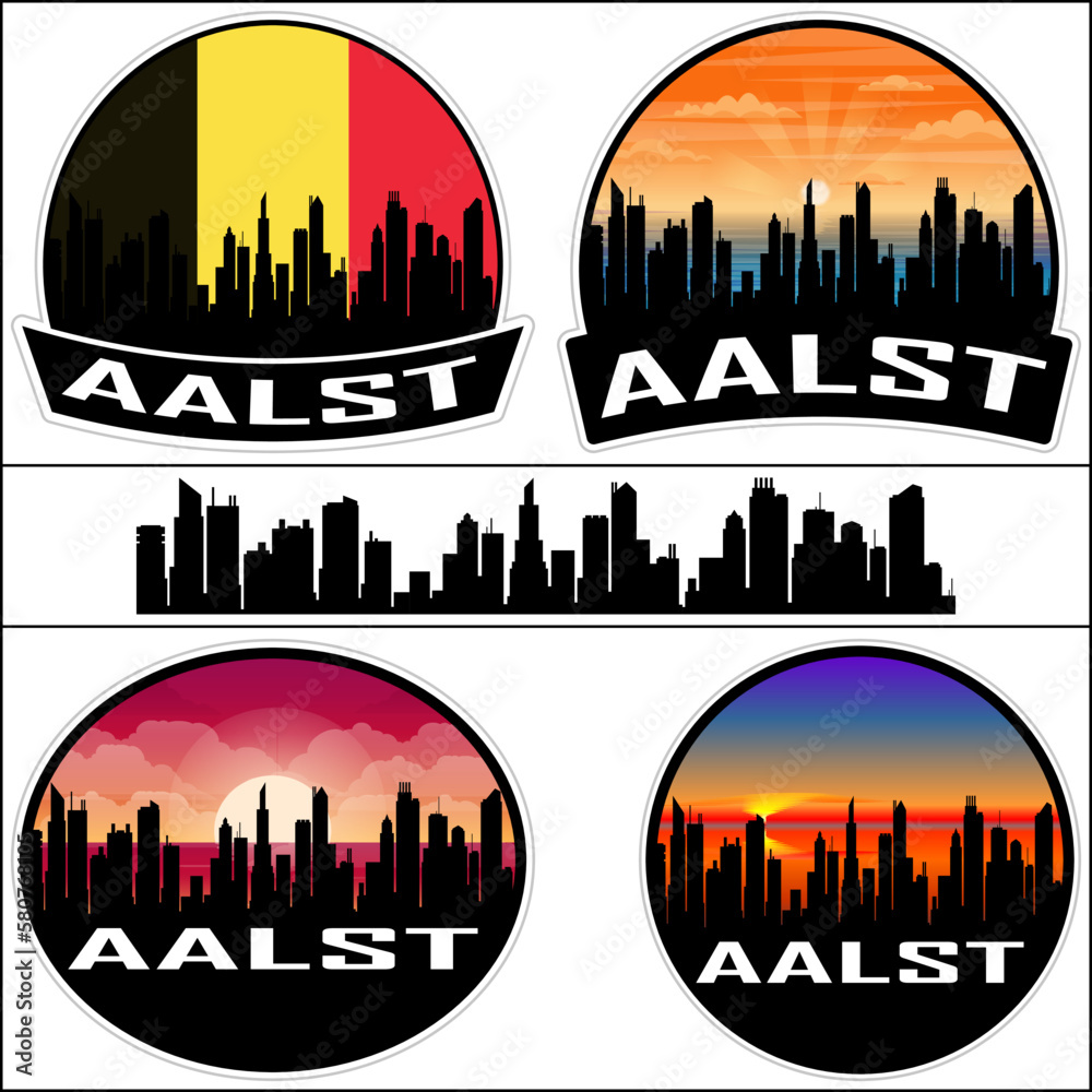 Aalst Skyline Silhouette Belgium Flag Travel Souvenir Sticker Sunset Background Vector Illustration SVG EPS AI