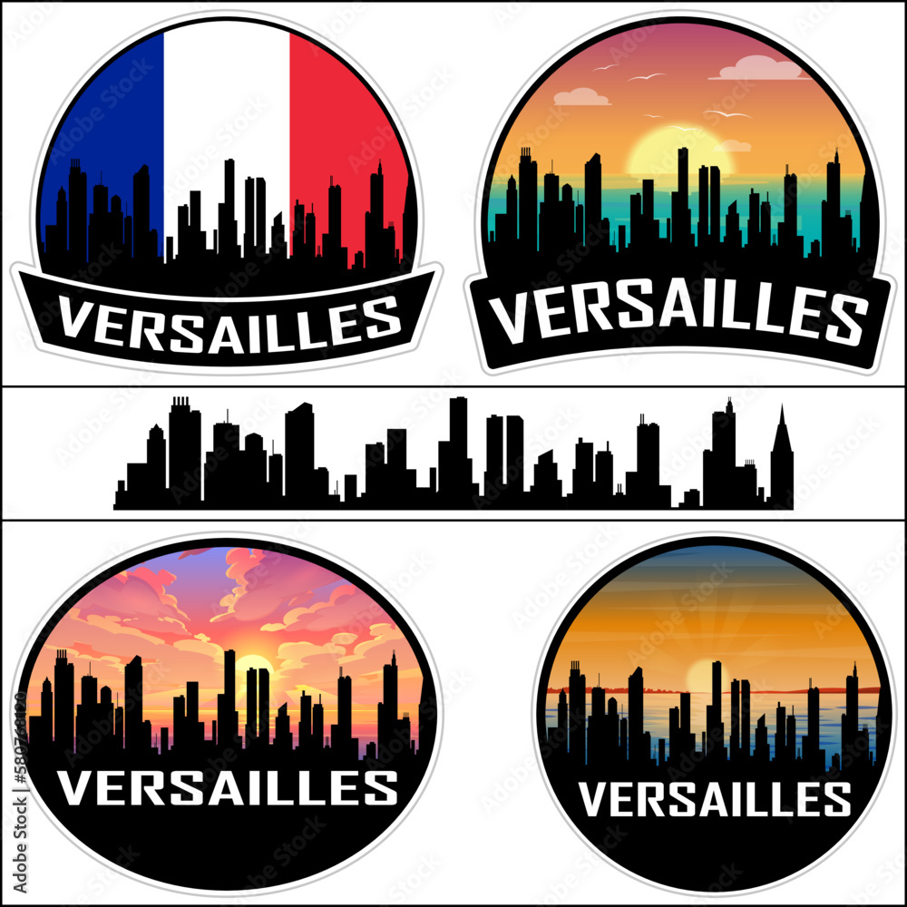 Versailles Skyline Silhouette France Flag Travel Souvenir Sticker Sunset Background Vector Illustration SVG EPS AI