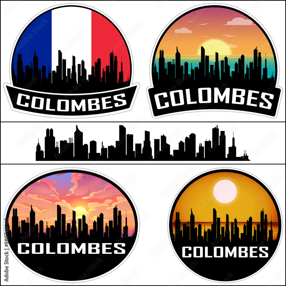 Colombes Skyline Silhouette France Flag Travel Souvenir Sticker Sunset Background Vector Illustration SVG EPS AI