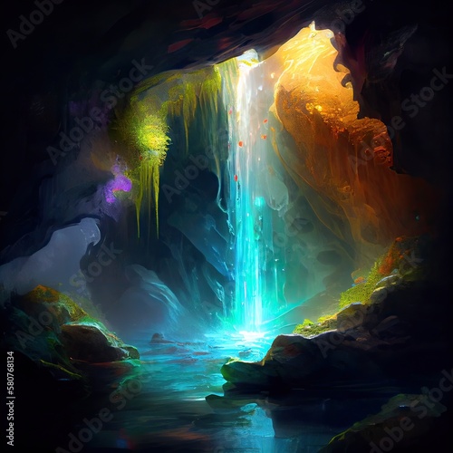 Abstract colorful stone cave background. Rock formations on the arches and walls of the hall in the cave. archeology. colorful. Generative Ai