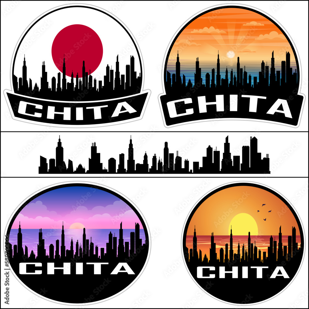 Chita Skyline Silhouette Japan Flag Travel Souvenir Sticker Sunset Background Vector Illustration SVG EPS AI