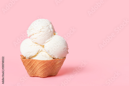 summer funny creative concept of cone with scoops of ice cream on pink background, copy space