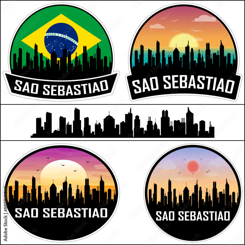 Sao Sebastiao Skyline Silhouette Brazil Flag Travel Souvenir Sticker Sunset Background Vector Illustration SVG EPS AI