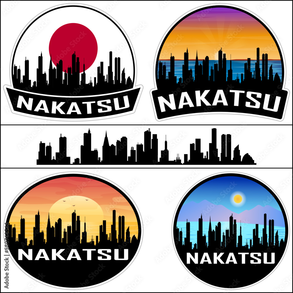 Nakatsu Skyline Silhouette Japan Flag Travel Souvenir Sticker Sunset Background Vector Illustration SVG EPS AI