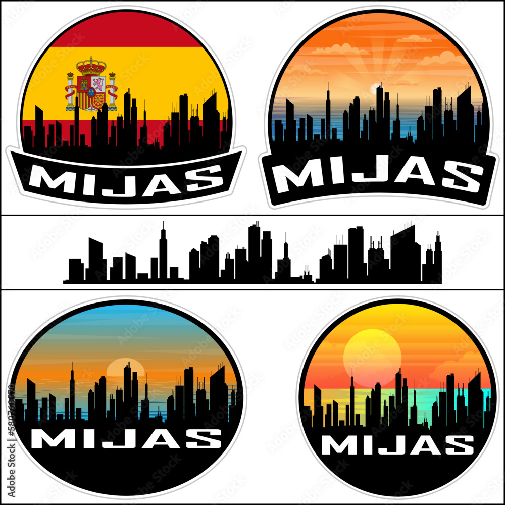 Mijas Skyline Silhouette Spain Flag Travel Souvenir Sticker Sunset Background Vector Illustration SVG EPS AI