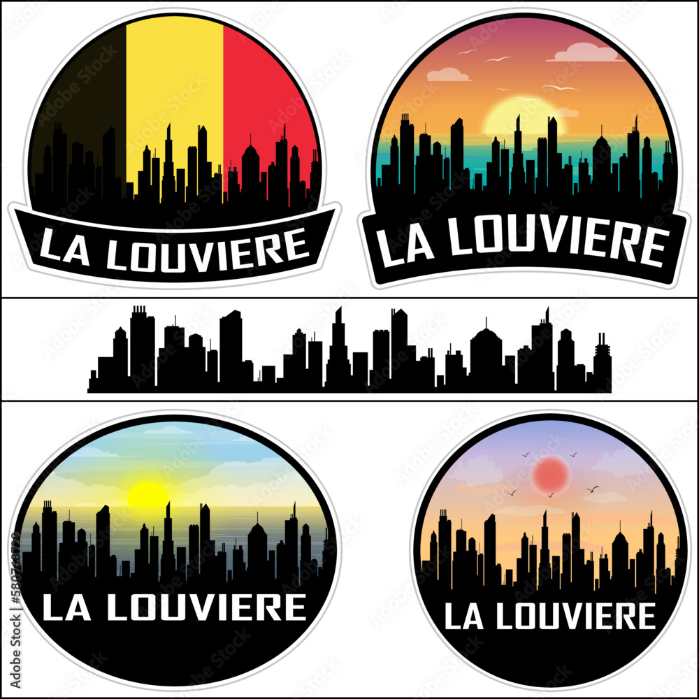 La Louviere Skyline Silhouette Belgium Flag Travel Souvenir Sticker Sunset Background Vector Illustration SVG EPS AI