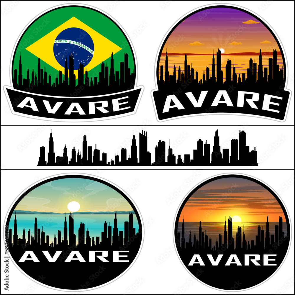Avare Skyline Silhouette Brazil Flag Travel Souvenir Sticker Sunset Background Vector Illustration SVG EPS AI