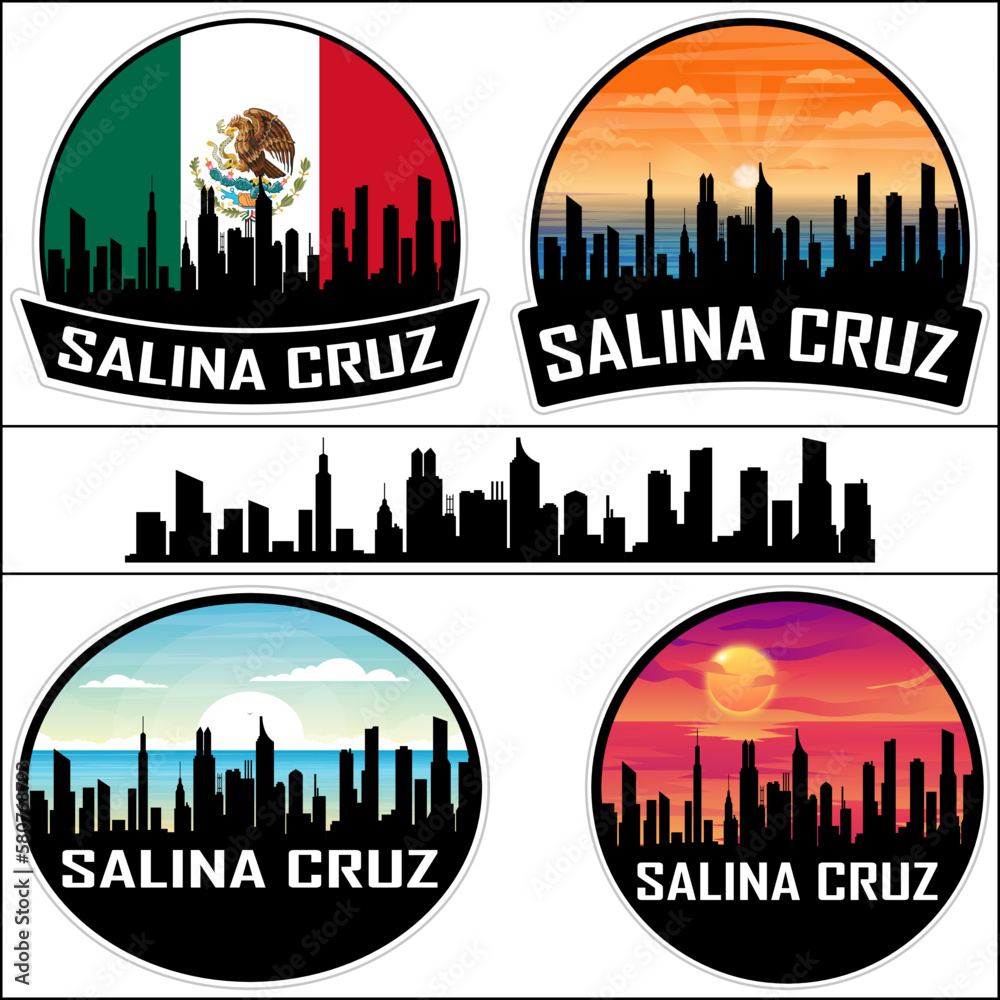 Salina Cruz Skyline Silhouette Mexico Flag Travel Souvenir Sticker Sunset Background Vector Illustration SVG EPS AI