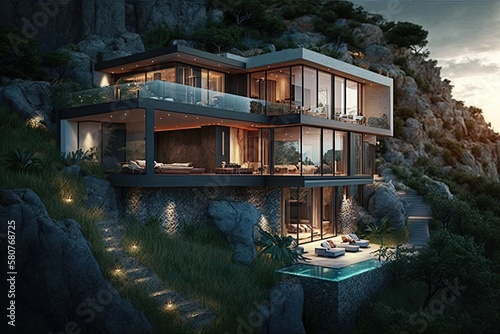 Sparkling Villa on a Hillside Overlooking an Emerald Coast Generative AI photo