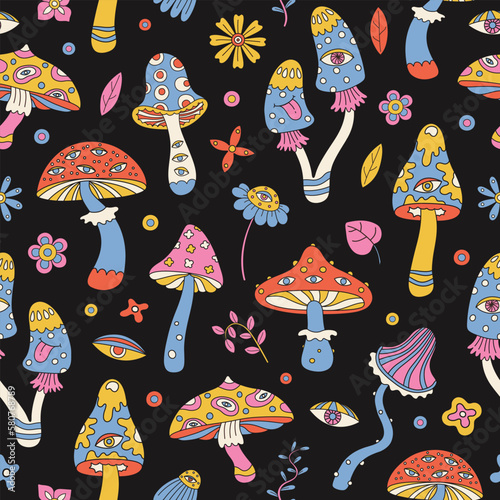 Groovy hippy seamless patterns with trippy mushrooms and flowers on a dark background. Vector backgrounds, trendy 60s, 70s retro hippie style. Crazy positive, vibrant art.