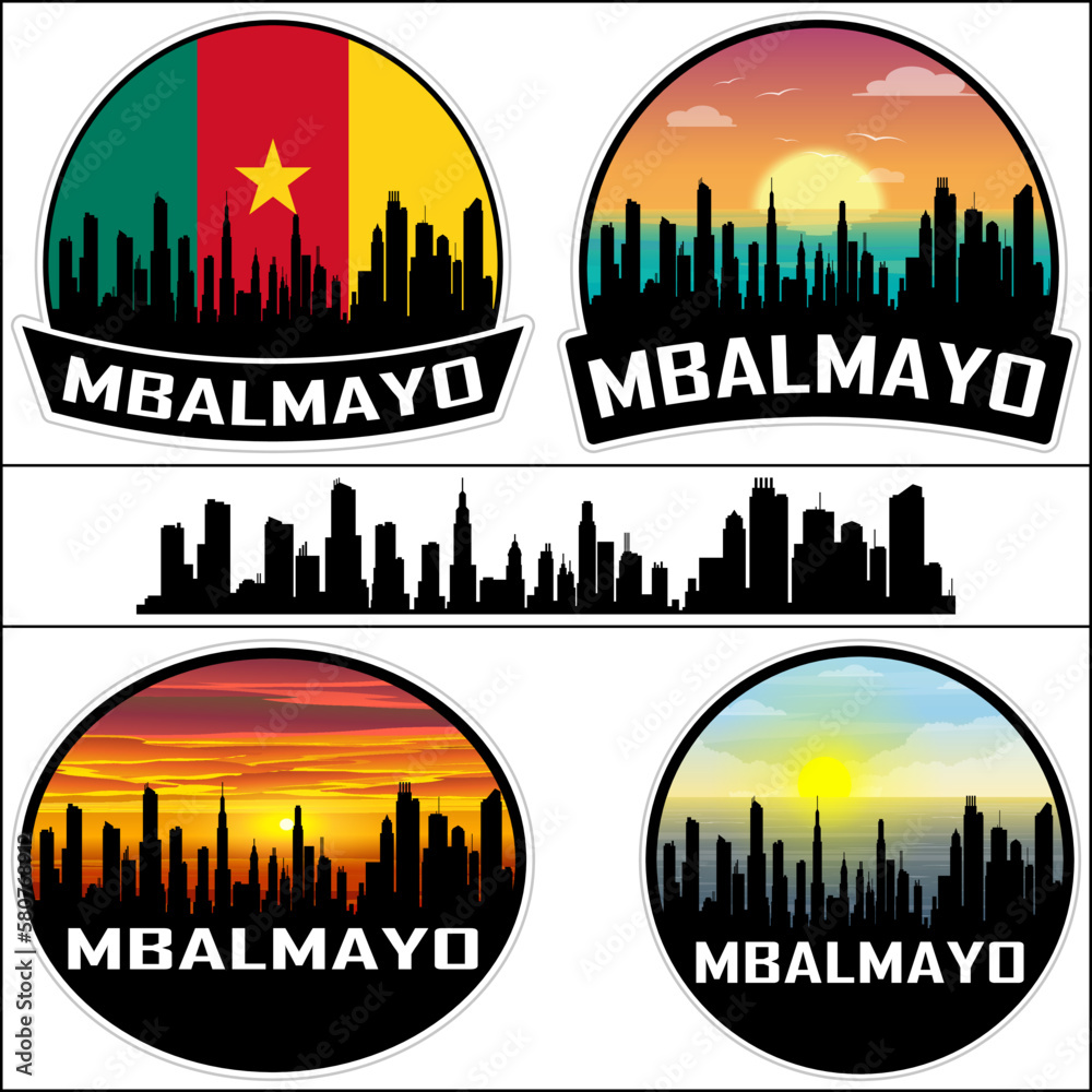 Mbalmayo Skyline Silhouette Cameroon Flag Travel Souvenir Sticker Sunset Background Vector Illustration SVG EPS AI