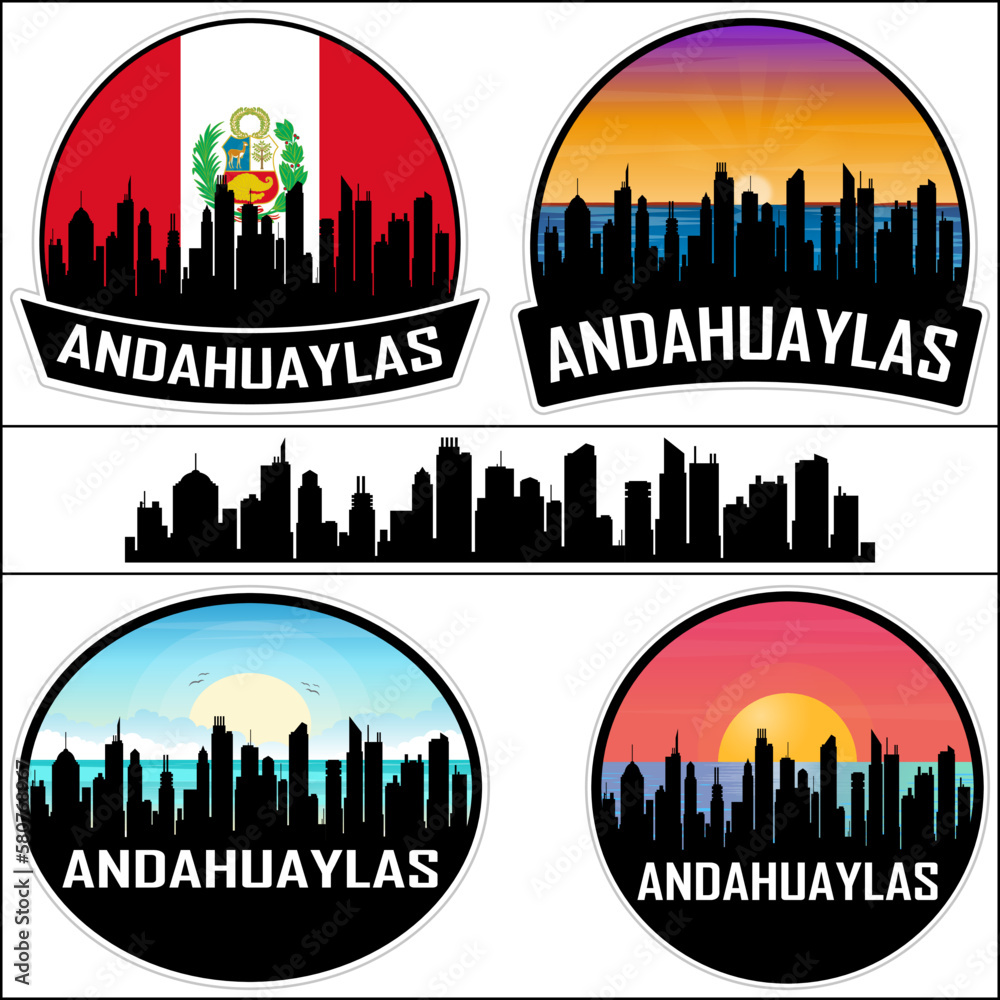 Andahuaylas Skyline Silhouette Peru Flag Travel Souvenir Sticker Sunset Background Vector Illustration SVG EPS AI