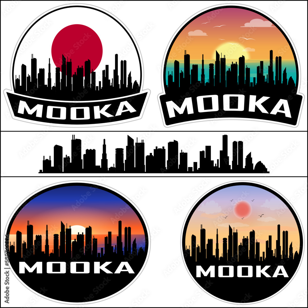 Mooka Skyline Silhouette Japan Flag Travel Souvenir Sticker Sunset Background Vector Illustration SVG EPS AI