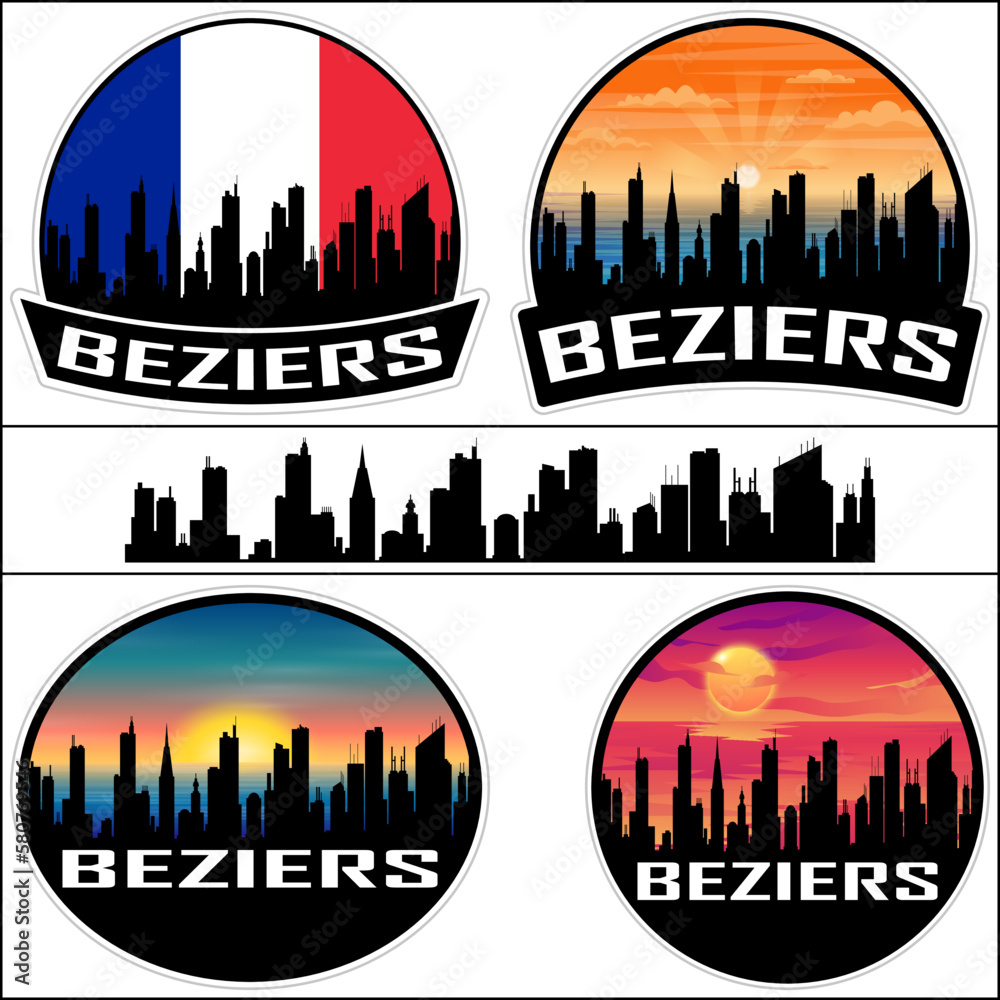 Beziers Skyline Silhouette France Flag Travel Souvenir Sticker Sunset Background Vector Illustration SVG EPS AI