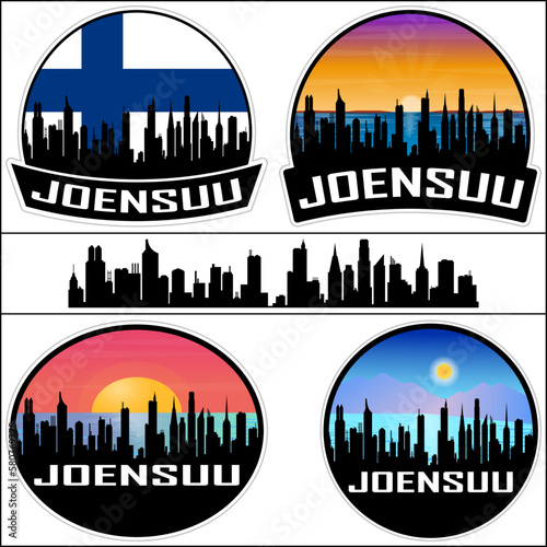 Joensuu Skyline Silhouette Finland Flag Travel Souvenir Sticker Sunset Background Vector Illustration SVG EPS AI photo