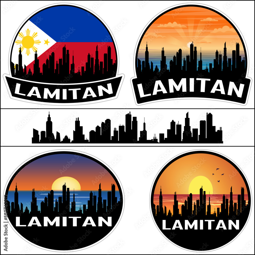 Lamitan Skyline Silhouette Philippines Flag Travel Souvenir Sticker Sunset Background Vector Illustration SVG EPS AI