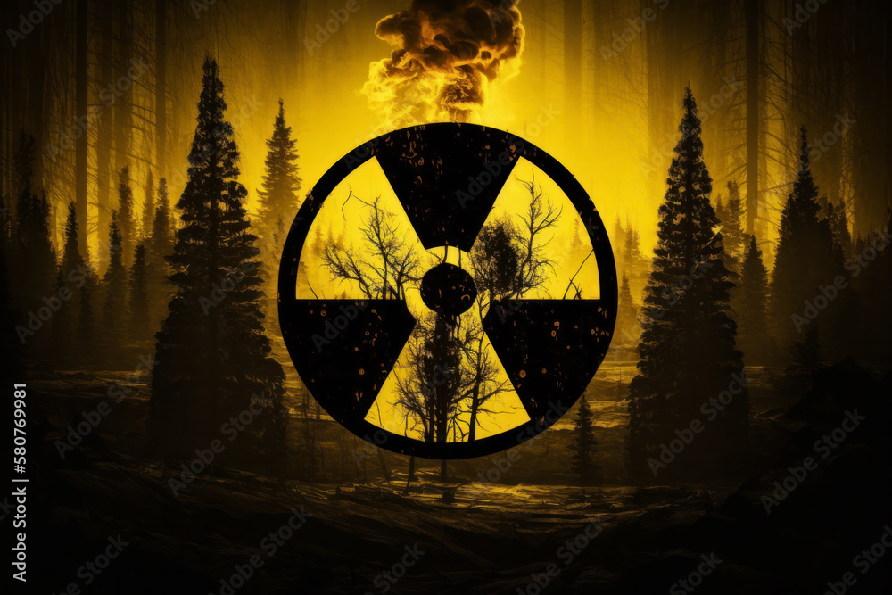 Radiation hazard sign, solid color background. Radioactive symbol