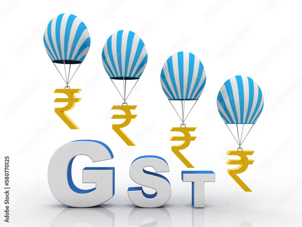 3d rendering GST Tax India with parachute in rupee sign 