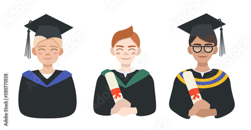 Portraits of male students in graduation gowns and caps. A male student with a diploma in his hands. Illustration in flat style 