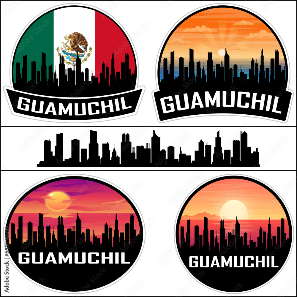 Guamuchil Skyline Silhouette Mexico Flag Travel Souvenir Sticker Sunset Background Vector Illustration SVG EPS AI