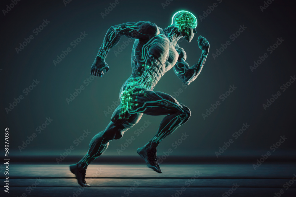 The man runs in motion. human brain and body. glowing Green lines. neural connections. artificial intelligence, cyberspace. AI Generative