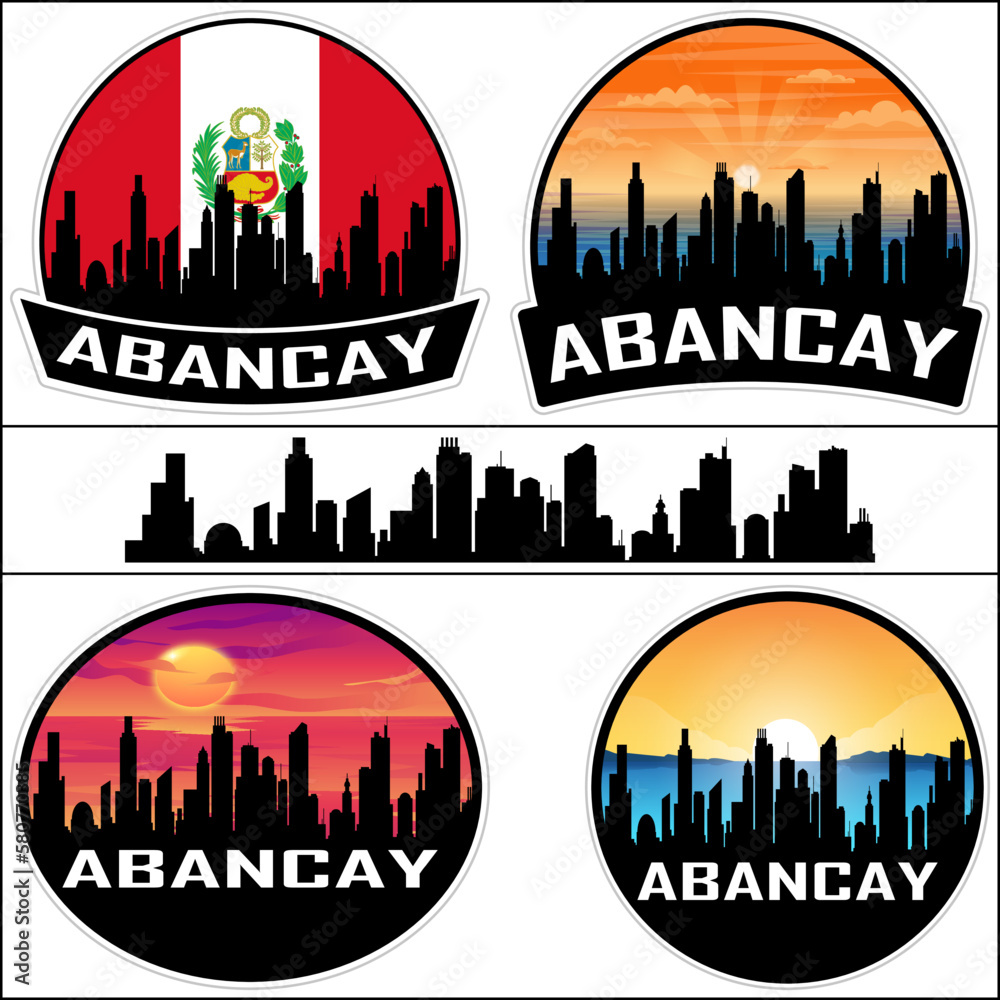 Abancay Skyline Silhouette Peru Flag Travel Souvenir Sticker Sunset Background Vector Illustration SVG EPS AI