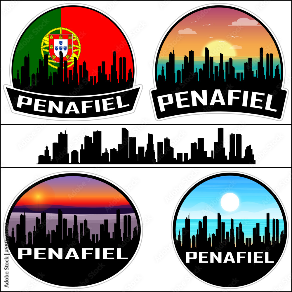 Penafiel Skyline Silhouette Portugal Flag Travel Souvenir Sticker Sunset Background Vector Illustration SVG EPS AI