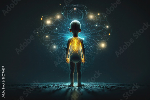 child, children's brain. glowing blue lines. neural connections. artificial intelligence. AI Generative