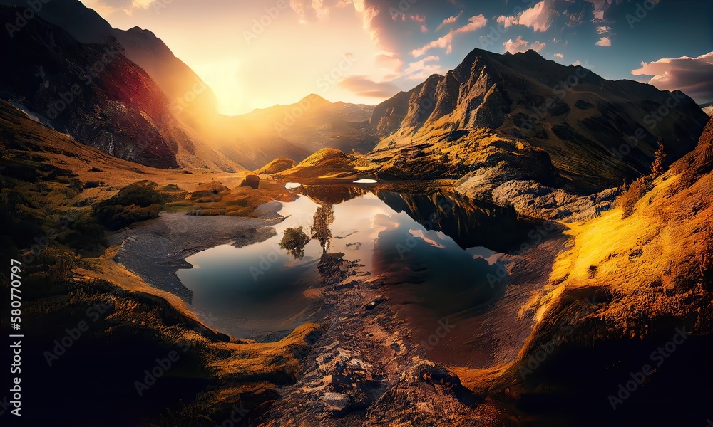 Mountain valley and river during sunrise. Natural summer landscape. Mountain river stream on summer landscape. Generative Ai