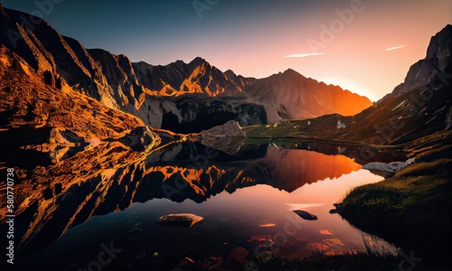 Mountain valley and river during sunrise. Natural summer landscape. Mountain river stream on summer landscape. Generative Ai