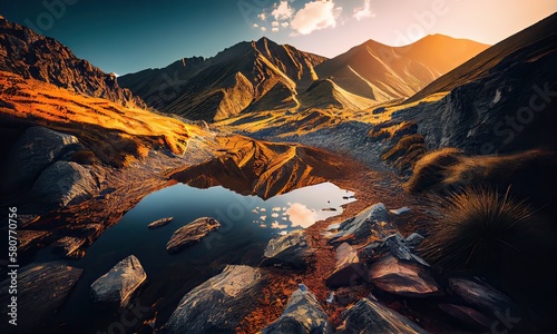 Mountain valley and river during sunrise. Natural summer landscape. Mountain river stream on summer landscape. Generative Ai © Kowit