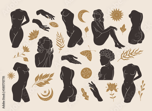 Vector minimalistic set of female bodies and golden mystical elements. Female abstract concept illustration, beautiful esoteric female silhouettes. 