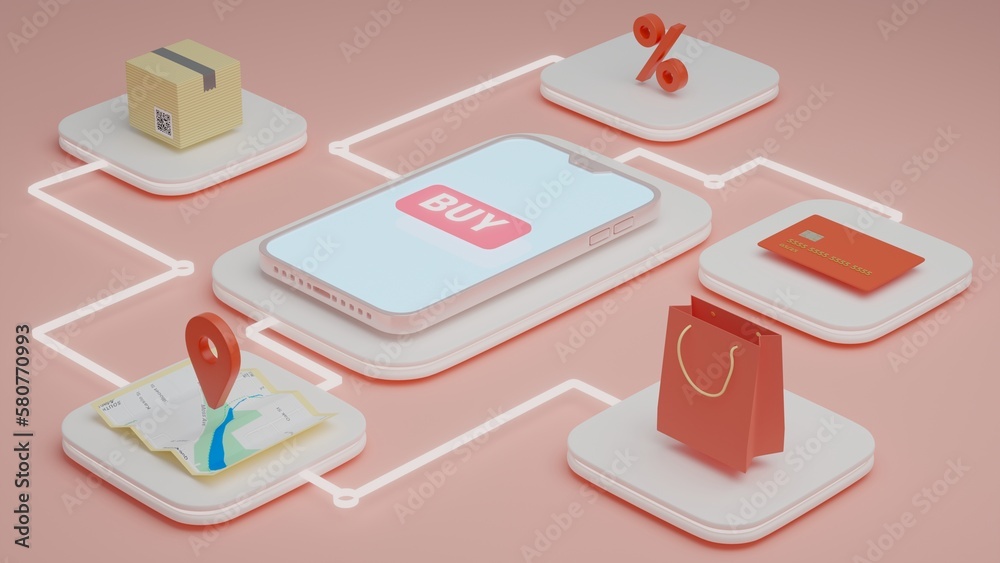 online shopping on smartphone application service, digital marketing, online buying, and online payment concept. 3d online shopping on smartphone application service, digital marketing, online buying, and online payment concept. 3d