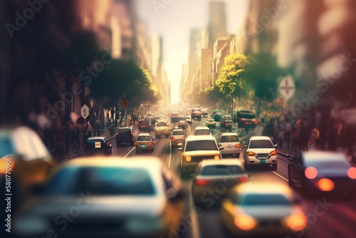 Realistic city traffic jam blurred background, AI generated