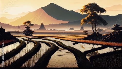 the beauty of the morning panorama with sunrise and rice fields. rice field in countryside. Beautiful gold color sunset at rice field. Generative Ai.