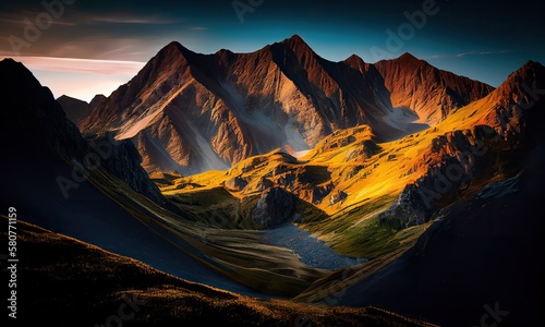 Mountain valley and river during sunrise. Natural summer landscape. Mountain river stream on summer landscape. Generative Ai © Kowit