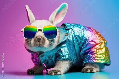 portrait of bunny rabbit celebrating easter festival with splash glittering rainbow papers background.generative ai.