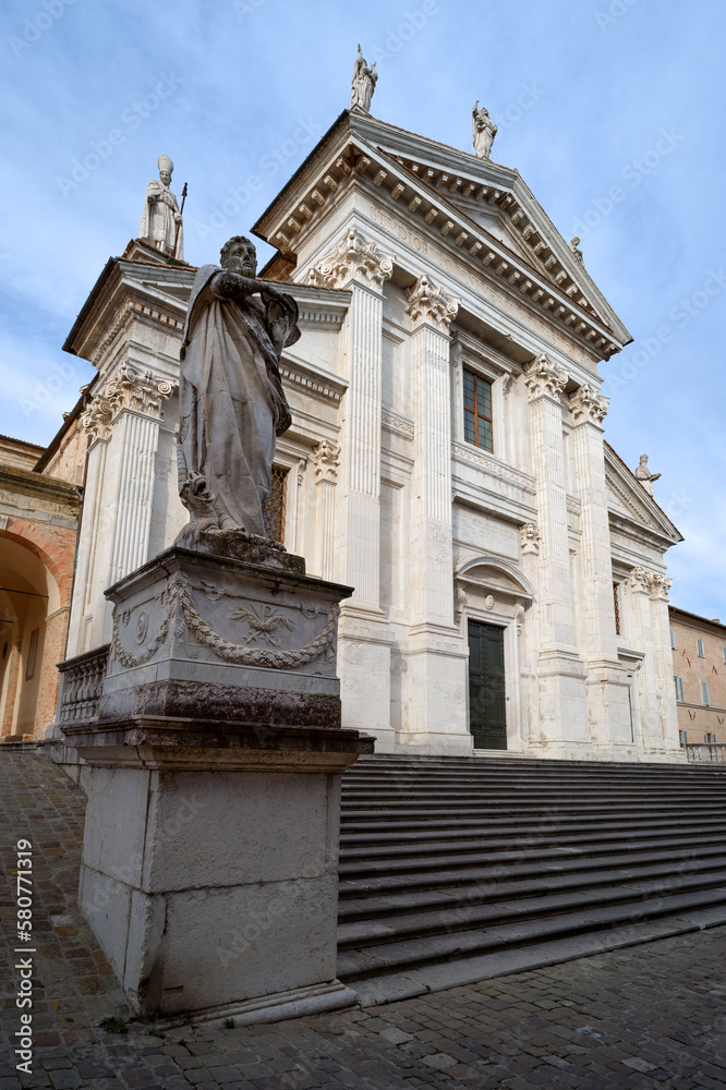 External view of the Duomo of Urbino, Italy, neoclassical cathedral church dedicated to the assumption of the Virgin Mary